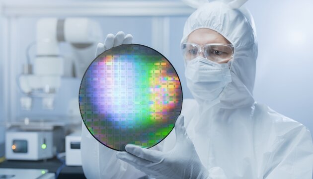Cleanroom technician in sterile bunny suit inspecting silicon wafer with microchip die grid in semiconductor fab