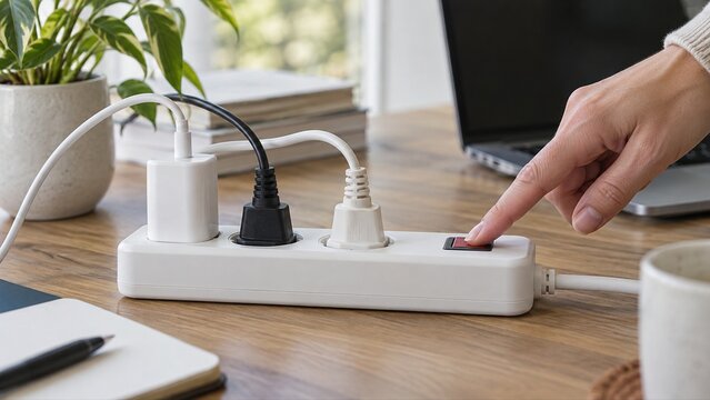 White smart power strip with red rocker switch and connected plugs on wooden desk