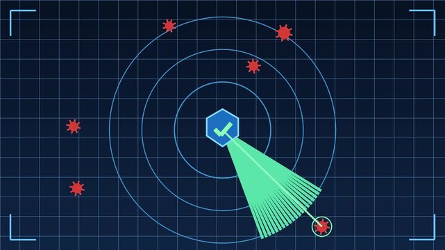 Radar system scans for incoming threats across a dark blue digital interface defense scanning interface cybersecurity