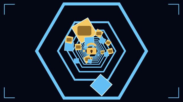 Geometric shapes travel through a hexagonal tunnel in a digital environment environment polygon abstract motion animation