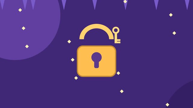 Golden padlock unlocks against a purple backdrop with sparkling stars locks security yellow digital vector illustration