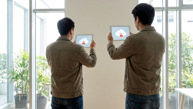 開いた赤い南京錠の雲アイコンが表示されたタブレットを掲げる二人の男性の後ろ姿