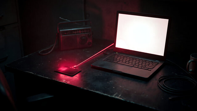 暗い机の上で白く光るノートパソコンと古いラジオと赤い光を放つカード型機器とケーブル