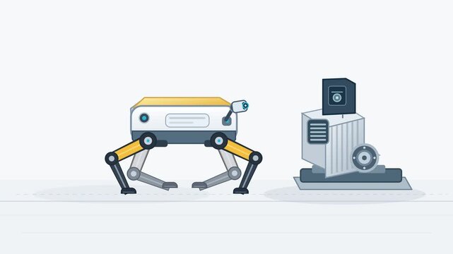 Flat animation of an autonomous quadruped robot dog approaching a digital data storage unit for industrial inspection and maintenance tasks