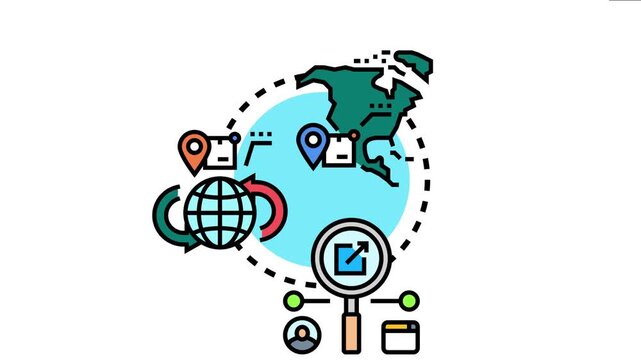 Global supply chain displaying various elements connecting origin points. Tracking packages. And worldwide delivery