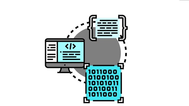 Diagram the conversion process from high level computer programming code, written on a monitor, into machine language and binary data for software development