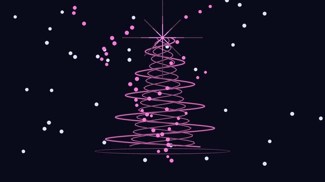 Pink spiral christmas tree descends amidst falling snowflakes on a dark background evergreen holiday festive seasonal