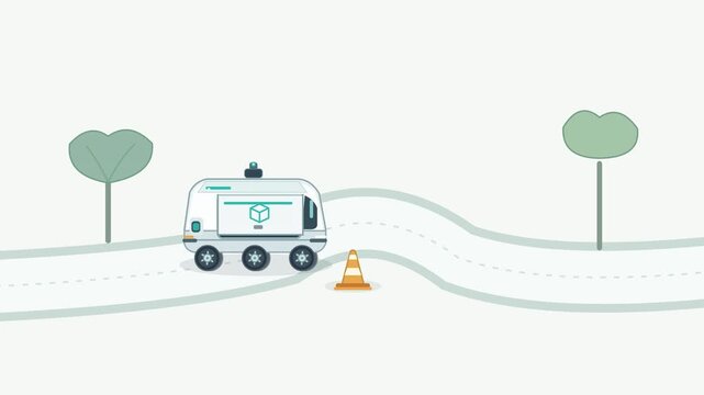 Minimalist 2D vector animation of an autonomous delivery robot navigating a path with a traffic cone obstacle for smart logistics automation