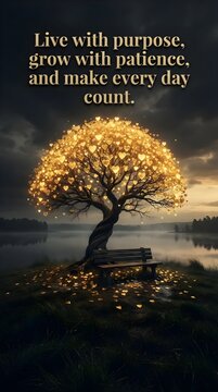 "Live with purpose, grow with patience, and make every day count" motivational quote with a glowing golden heart tree, bench by a lake, and fallen heart leaves at dusk
