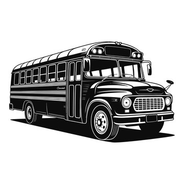 Vintage chevrolet school bus illustration with detailed features black silhouette