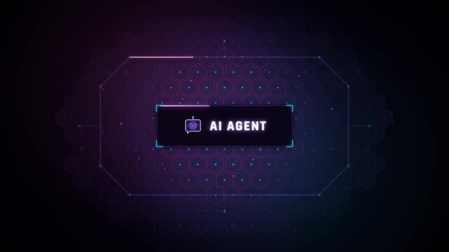 AI Agent Neon Banner Animation on Hexagonal Grid Background