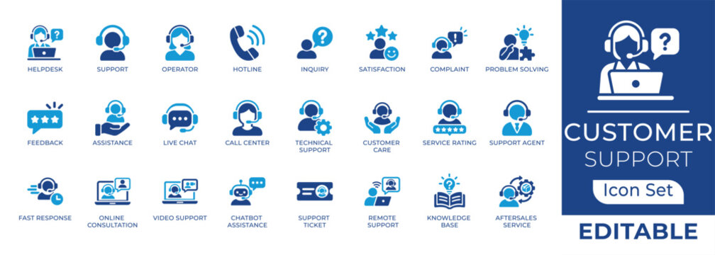 Customer support and helpdesk service solid icon set. Featuring call center operator, live chat, and hotline. Vector icons for corporate presentations and client support.
