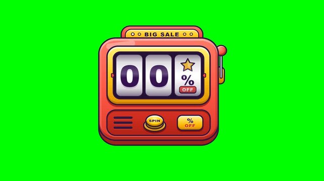 Playful 3D-styled slot machine pop-up animation revealing a 30% OFF percentage discount deal with coral red casing, yellow bezel, spinning reels, and push button on solid #00FF00 chroma key background