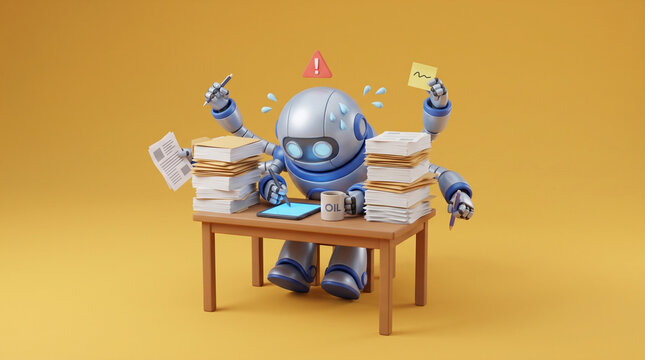 Stressed robot multitasking at desk overwhelmed by paperwork