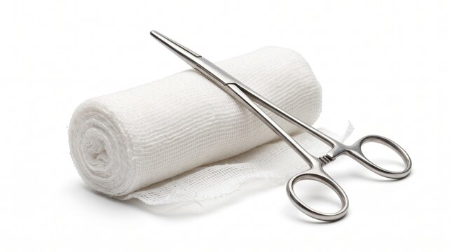 Surgical forceps resting carefully across rolled white gauze bandage isolated cleanly on white background