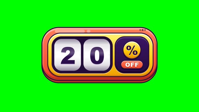 Modern playful 3D glossy rounded capsule discount display with vertical rolling odometer counter revealing 20% OFF, 30% OFF, and 50% OFF deals sequentially on a pure solid #00FF00 chroma key green scr