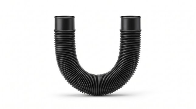 Flexible black plastic corrugated pipe shaped into letter u standing vertically isolated on white background