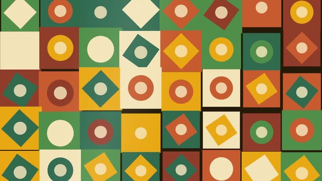 Animated geometric batik pattern tiles rotating and interlocking in turmeric yellow terracotta and leaf green