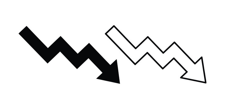 Downward zigzag arrows, solid and outline styles, financial loss, business decline, negative growth, failure concept, clean white background, isolated vector design