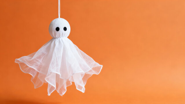 Halloween ghost decoration hanging on orange background, halloween holiday festive image design