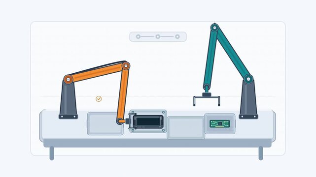 Industrial robotic arms performing electronic component assembly on a moving conveyor belt in a flat vector style factory production animation