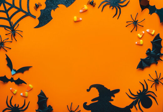 Halloween background with witch hat silhouette, bats and candy corn frame on orange texture. Spooky night theme concept. Dark horror decor template for autumn party poster banner flyer