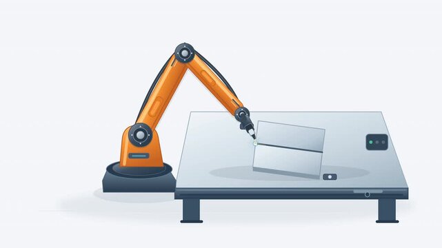 Orange industrial robotic arm performing precision metal welding with blue electric sparks on flat steel plates in a minimalist vector animation