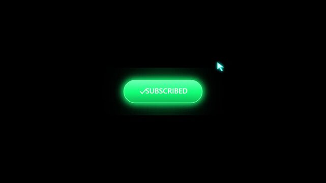 Animated subscribe button click interaction with glowing green subscribed state for social media