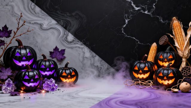 A dark and moody happy halloween background featuring glowing carved pumpkins and spooky smoke effects perfect for festive seasonal invitations or social media posts