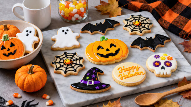 Decorated halloween sugar cookies on marble table, halloween holiday festive image design