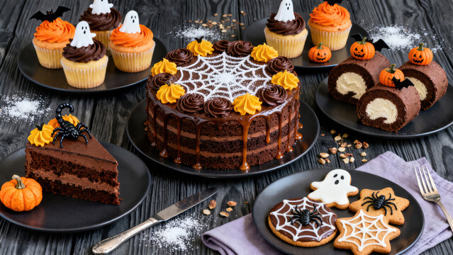 A spooky assortment of Halloween-themed chocolate cakes, cupcakes, and cookies arranged on a rustic dark wooden table, perfect for a festive gathering or dessert spread.