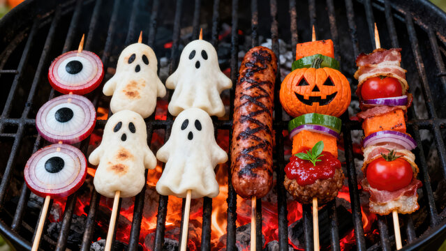 Realistic Halloween BBQ Food Skewers on Grill, Top View Close-Up, Festive Spooky Party Cuisine, 4K, halloween holiday festive image design