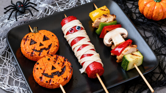 Grilled Halloween Food Skewers on Black Plate, Top View, Close-Up, Festive Party BBQ in 4K, halloween holiday festive image design