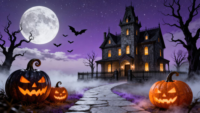 Happy halloween banner or party invitation background with violet fog clouds and pumpkins, halloween holiday festive image design