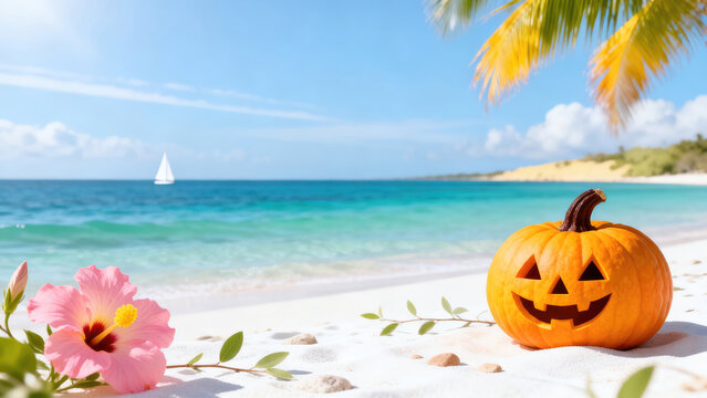 Carved Halloween Pumpkin Jack-o'-Lantern on Sandy Tropical Beach with Pink Hibiscus Flower and Palm Tree, halloween holiday festive image design