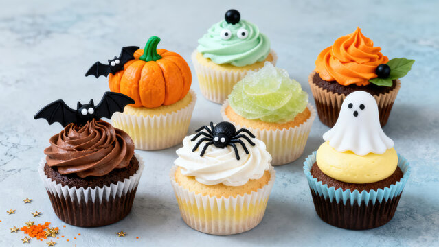Assorted Halloween cupcakes decorated with festive toppers like bats, pumpkins, ghosts, and spiders on a blue background., halloween holiday festive image design