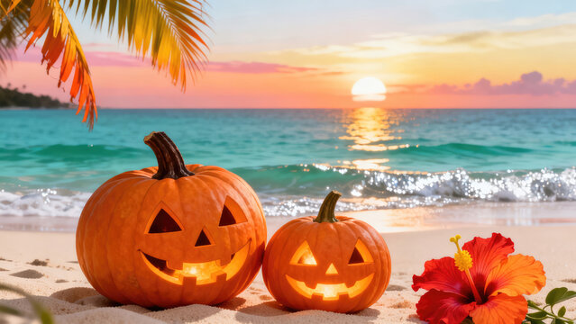 Two Illuminated Halloween Jack-o'-Lanterns on a Tropical Beach at Sunset with Hibiscus Flower, halloween holiday festive image design
