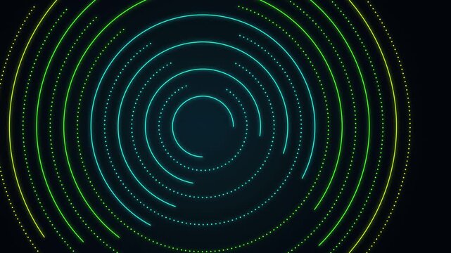 Neon glowing circular progress bars in motion on dark background featuring pulsating ring light effect with dynamic cyan and green color transitions for futuristic digital interface display animation