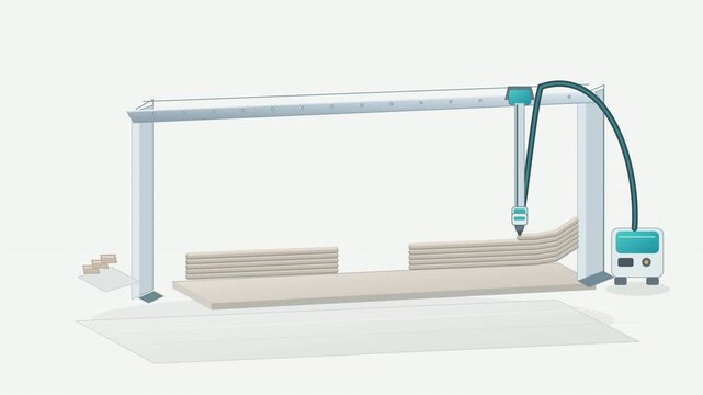 Minimalist vector animation of an automated robotic gantry system performing 3D construction printing by layering concrete material on a flat surface