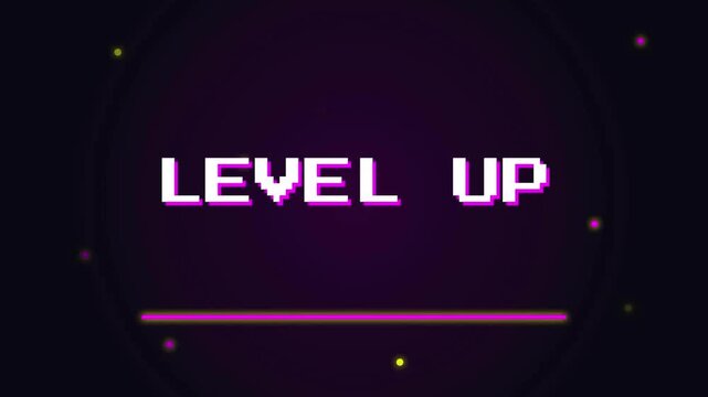 Level up text message displayed in digital retro pixel game font style graphic