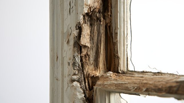 A close-up of a deteriorated wooden sash window frame isolated against a white background, highlighting the rotten wood, damaged surface, and signs of weathering.