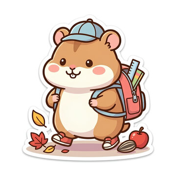 Cute minimalist chibi hamster student walking to school with backpack vector illustration sticker