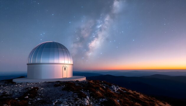 High-tech corporate environmental observatory on a mountain peak probing a starry night sky