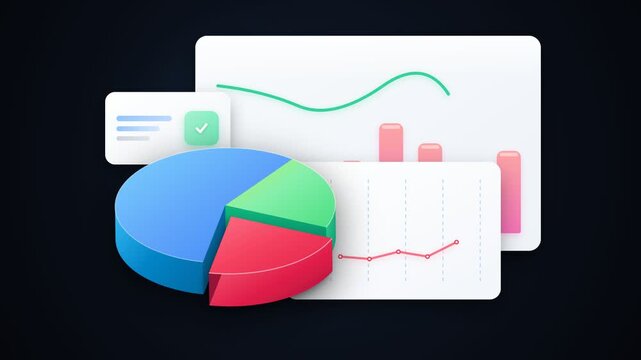Colorful three dimensional pie charts and financial graphs render analytics metrics for business growth planning, showing performance trends and profit indicators across multiple screens clearly