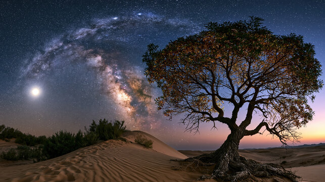 Vast desert night under stars, Milky Way arching above lone dune and tree, with bright moon on horizon