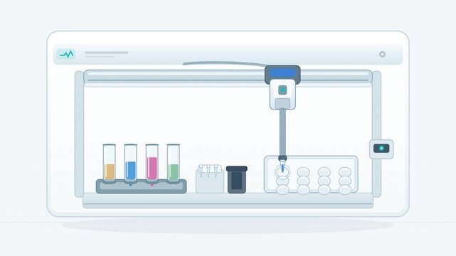 Automated robotic laboratory workstation performing precise liquid dispensing into test tubes and multi-well plates in a minimalist flat vector animation