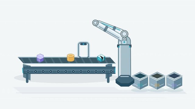 Animated flat vector illustration of an industrial robotic arm sorting geometric objects on a moving conveyor belt in a factory