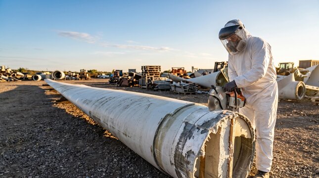 Technician Cutting Decommissioned Wind Turbine Blade for Recycling