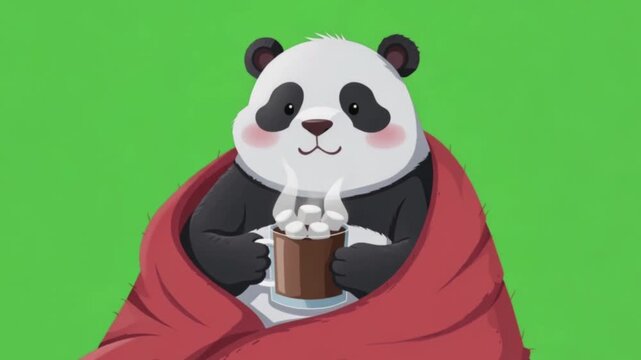 Cozy Giant Panda Wrapped in Warm Blanket Drinking Hot Cocoa with Marshmallows Animation on Chroma Key