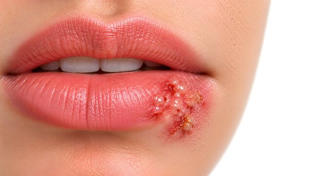 Herpes Labialis with Clustered Blisters on Lower Lip